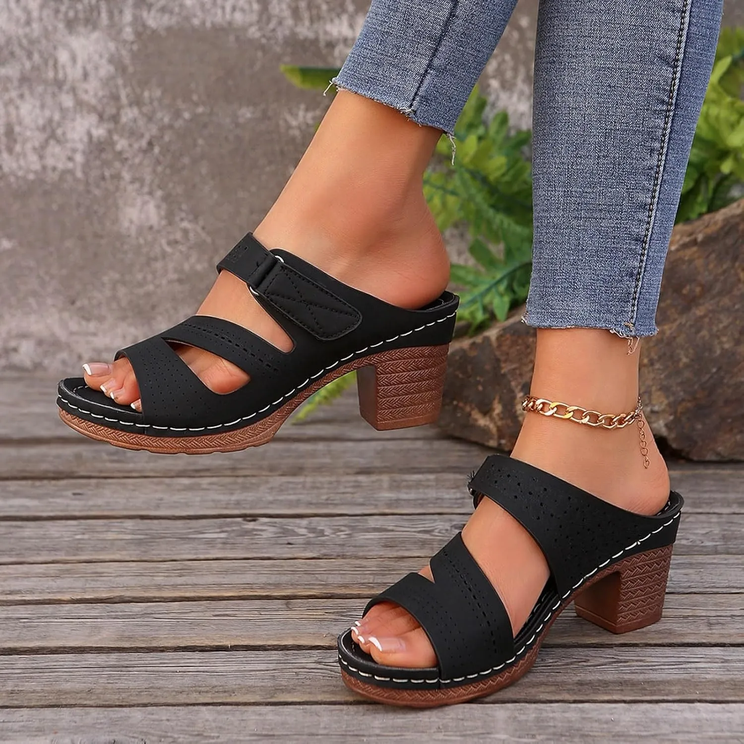 Summer Sandals for Women 2025 Dressy Platform Fashion Wedges Mid Chunky Heels Low Block Heeled Open Toe Slides Wedding Party Dress Sandal Casual Mules Slip-on Shoes