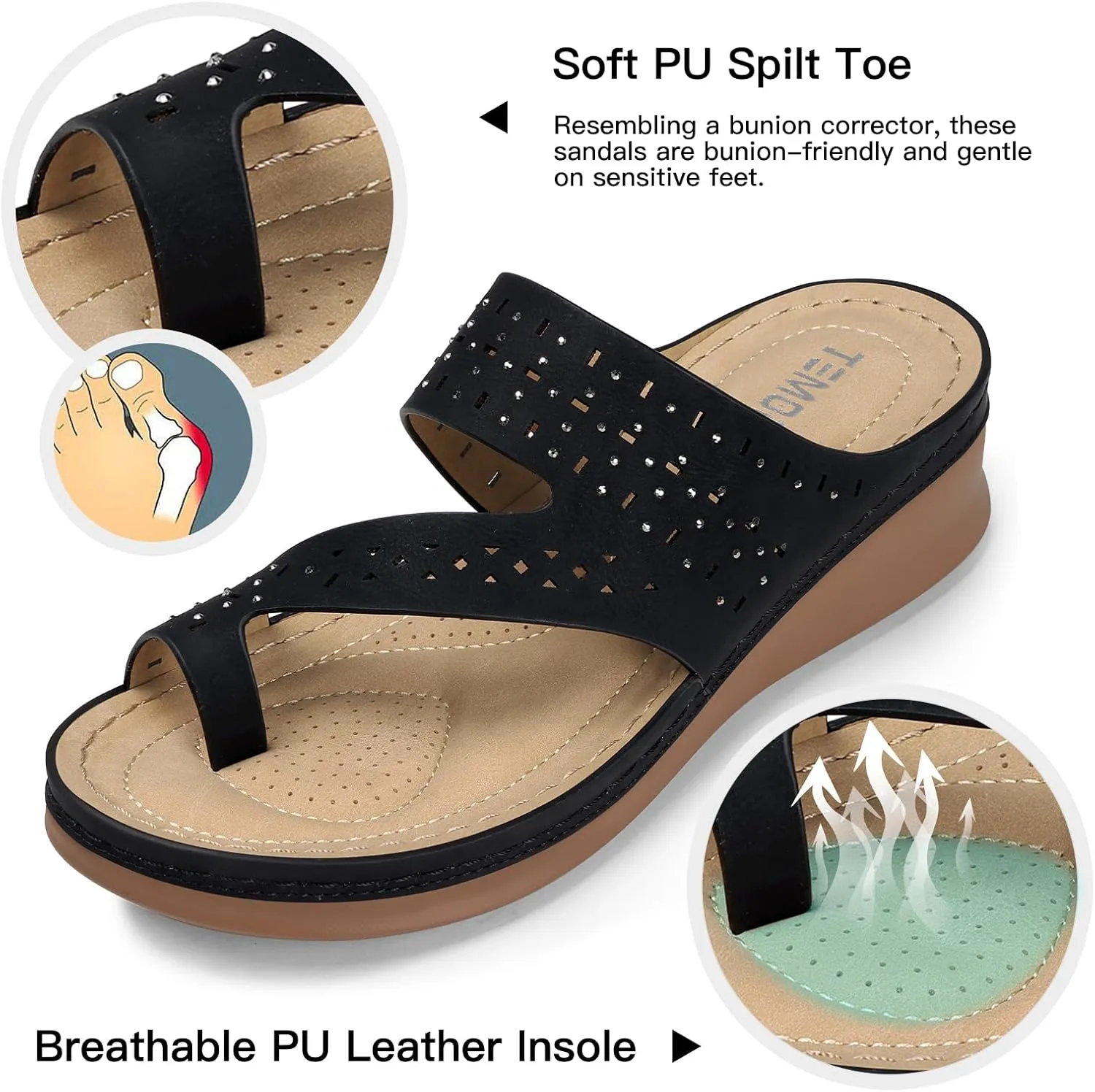TEMOFON Flip Flops for Women Summer: Comfortable Walking Sandals,Arch Support,Orthopedic Bunion Sandal, Dressy Black/Navy/White Sandals Size 5-11