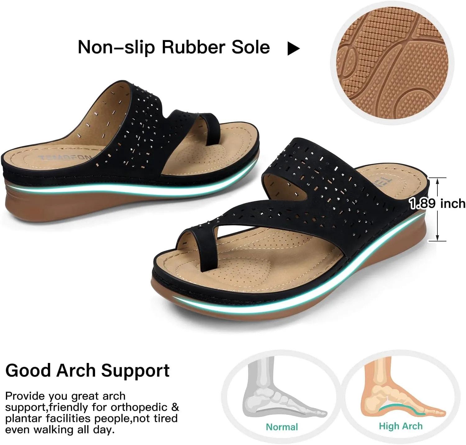 TEMOFON Flip Flops for Women Summer: Comfortable Walking Sandals,Arch Support,Orthopedic Bunion Sandal, Dressy Black/Navy/White Sandals Size 5-11