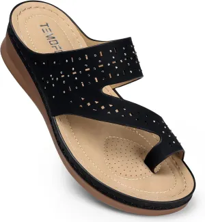 TEMOFON Flip Flops for Women Summer: Comfortable Walking Sandals,Arch Support,Orthopedic Bunion Sandal, Dressy Black/Navy/White Sandals Size 5-11