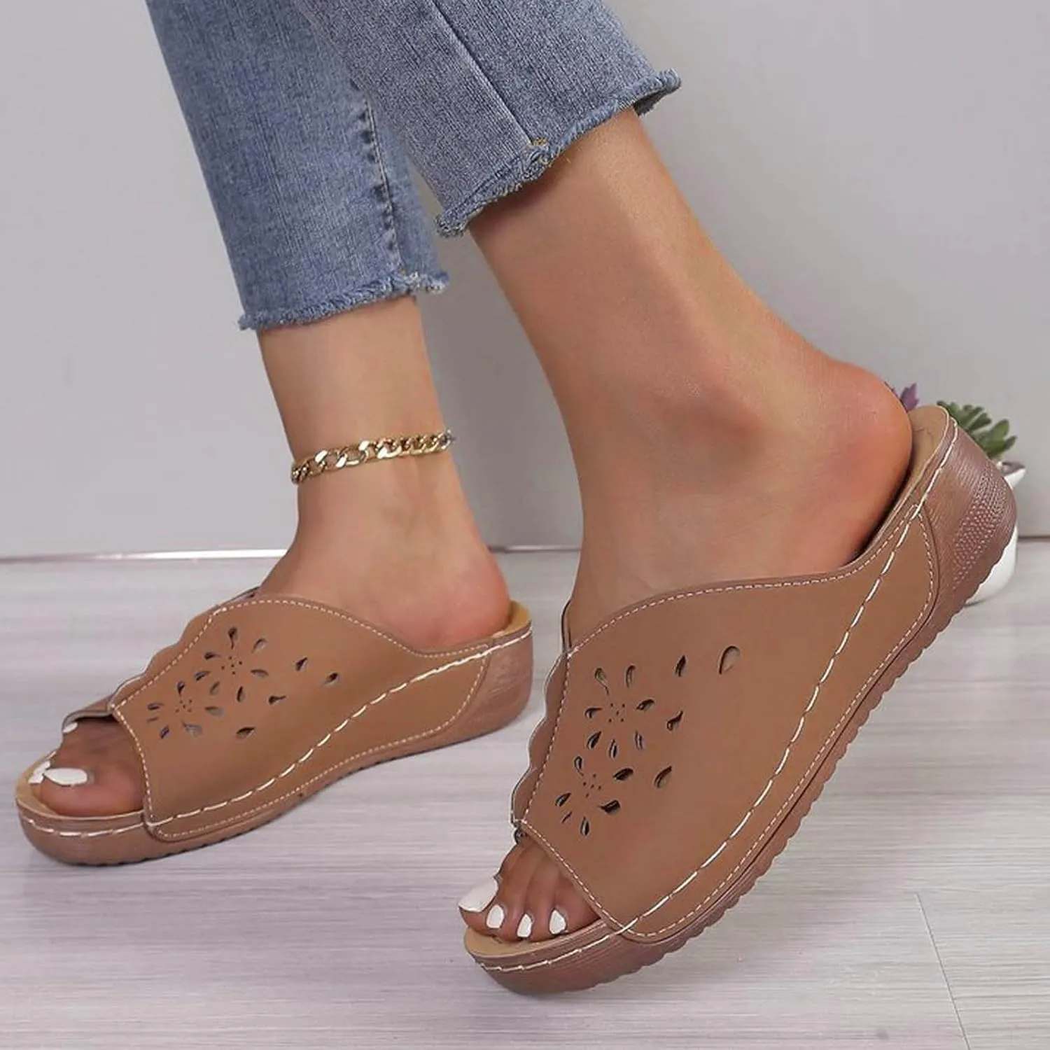 Wedge Sandals for Women Summer: Dressy Low Heel Comfortable Walking, Casual Slip on Summer Shoes Platform Orthopedic Support Lightweight Slippers Damping Sole Arch Support