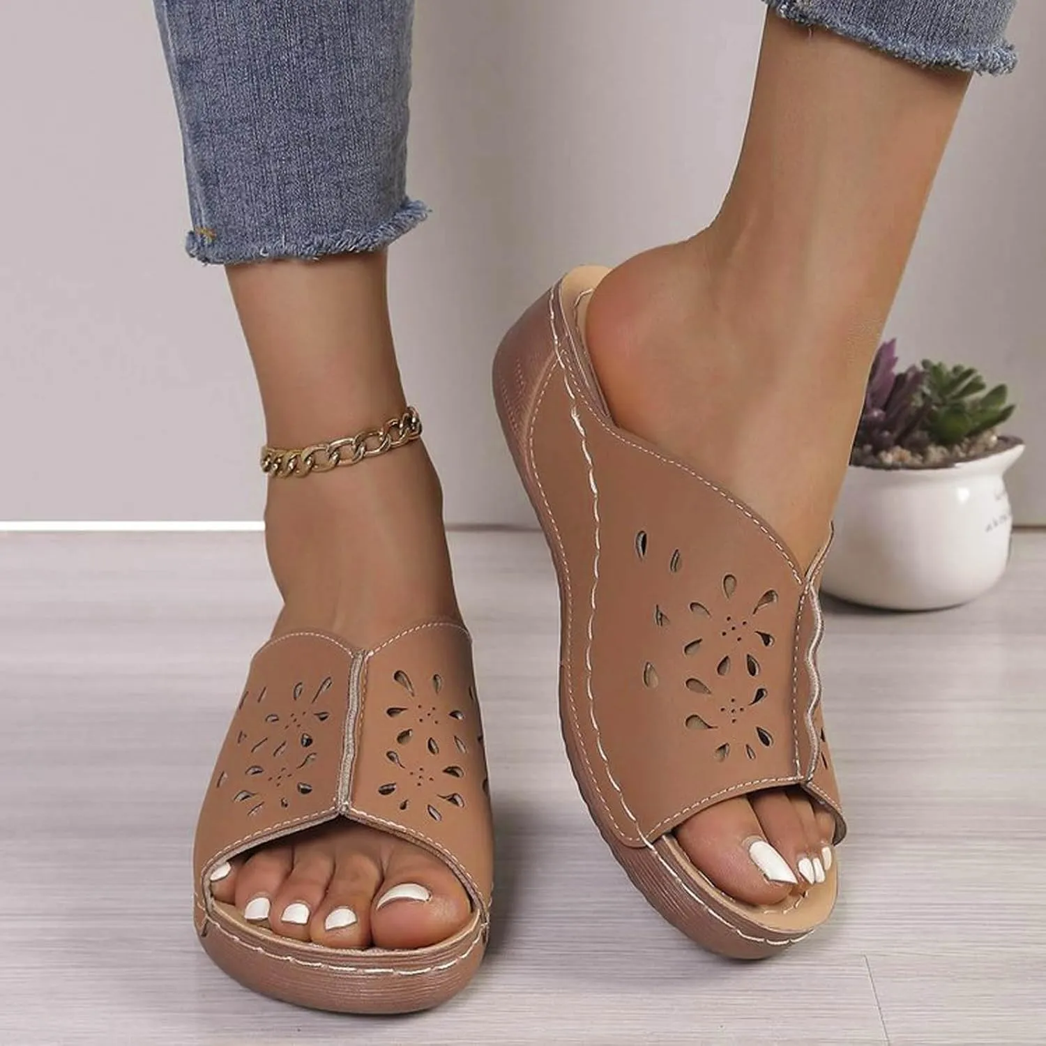 Wedge Sandals for Women Summer: Dressy Low Heel Comfortable Walking, Casual Slip on Summer Shoes Platform Orthopedic Support Lightweight Slippers Damping Sole Arch Support