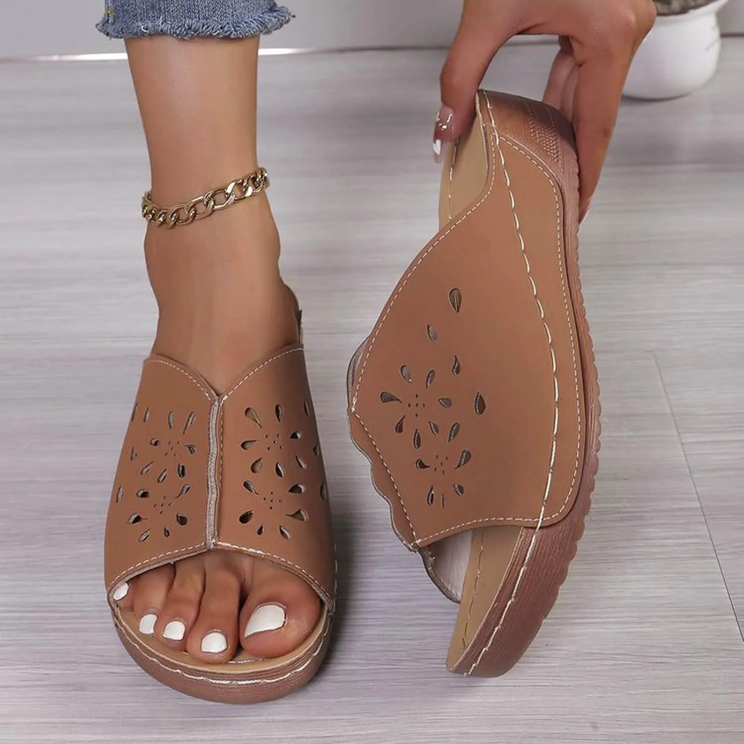 Wedge Sandals for Women Summer: Dressy Low Heel Comfortable Walking, Casual Slip on Summer Shoes Platform Orthopedic Support Lightweight Slippers Damping Sole Arch Support