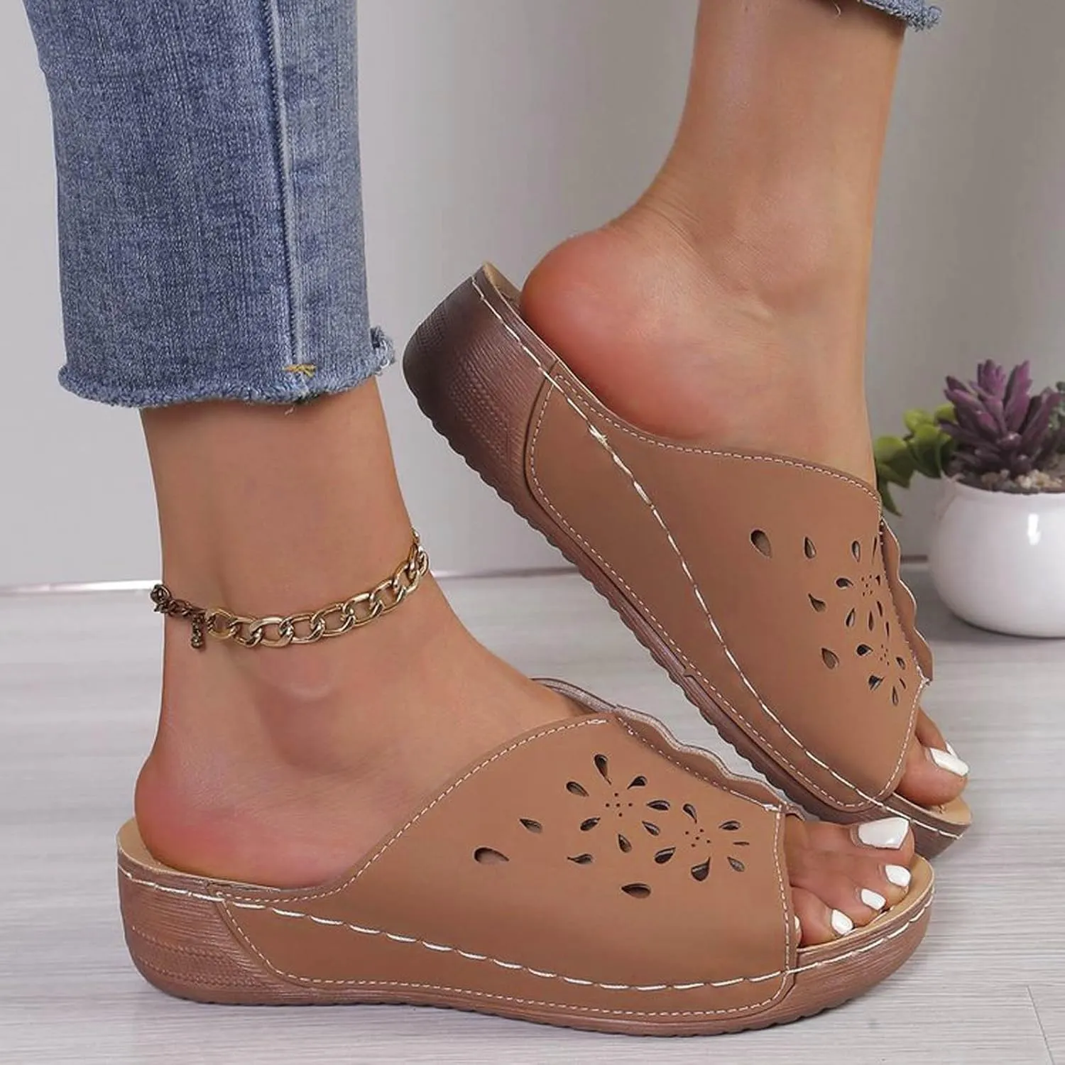 Wedge Sandals for Women Summer: Dressy Low Heel Comfortable Walking, Casual Slip on Summer Shoes Platform Orthopedic Support Lightweight Slippers Damping Sole Arch Support