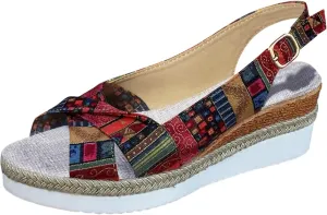Women Geometric Pattern Slingback Sandals Vacation Canvas Wedge Sandals Bohemian Womens Sandals Platform Wedges