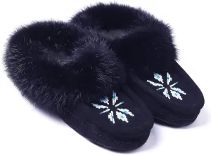 Women Moccasins Indoor Slippers of Soft Sole Fleece Lined Rabbit Fur Trim