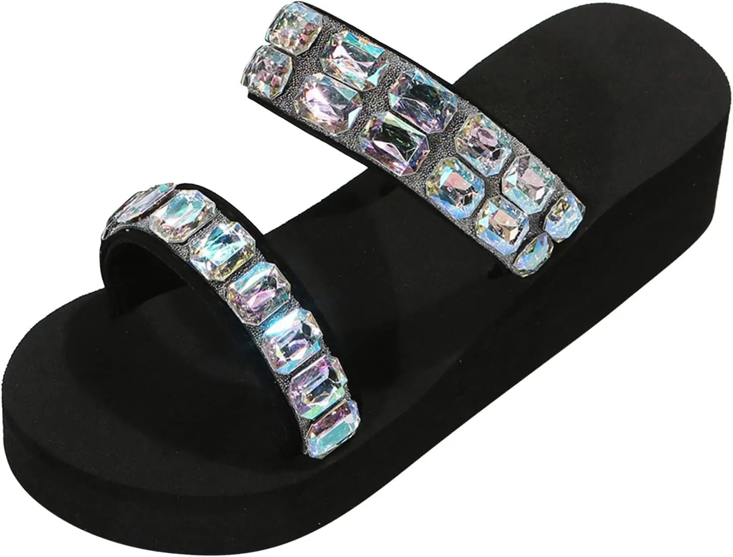 Women Shoes Thick Bottom Slope Heel with Diamond Beach Slippers Comfortable Slope Heel Slippers Furry Slippers (Silver, 6.5)
