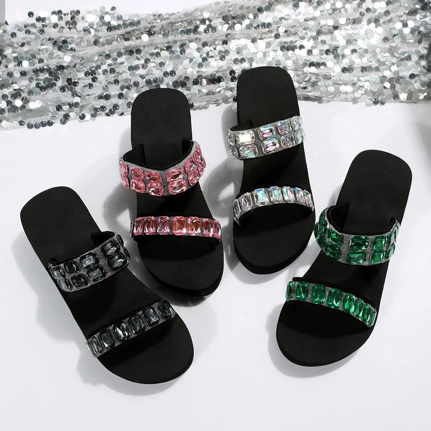 Women Shoes Thick Bottom Slope Heel with Diamond Beach Slippers Comfortable Slope Heel Slippers Furry Slippers (Silver, 6.5)