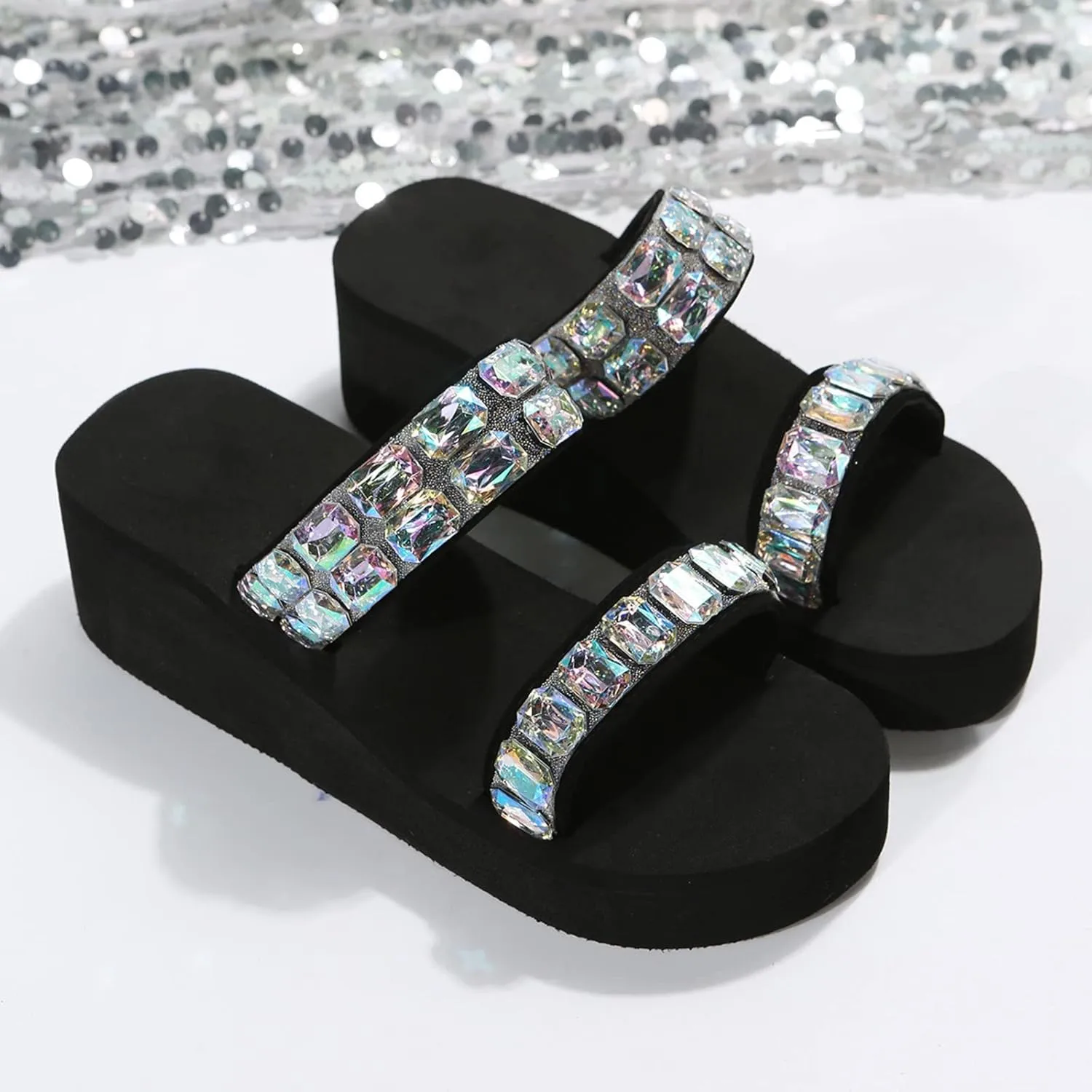 Women Shoes Thick Bottom Slope Heel with Diamond Beach Slippers Comfortable Slope Heel Slippers Furry Slippers (Silver, 6.5)