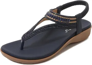 Women's Bohemian Rhinestone T-Strap Flat Sandals Summer Flipflops Embellished Beach Thong Sandal Comfort Arch Support Flops Wedding Crystal Beaded Dress Flip-Flop Gladiator Shoes Plus-Size