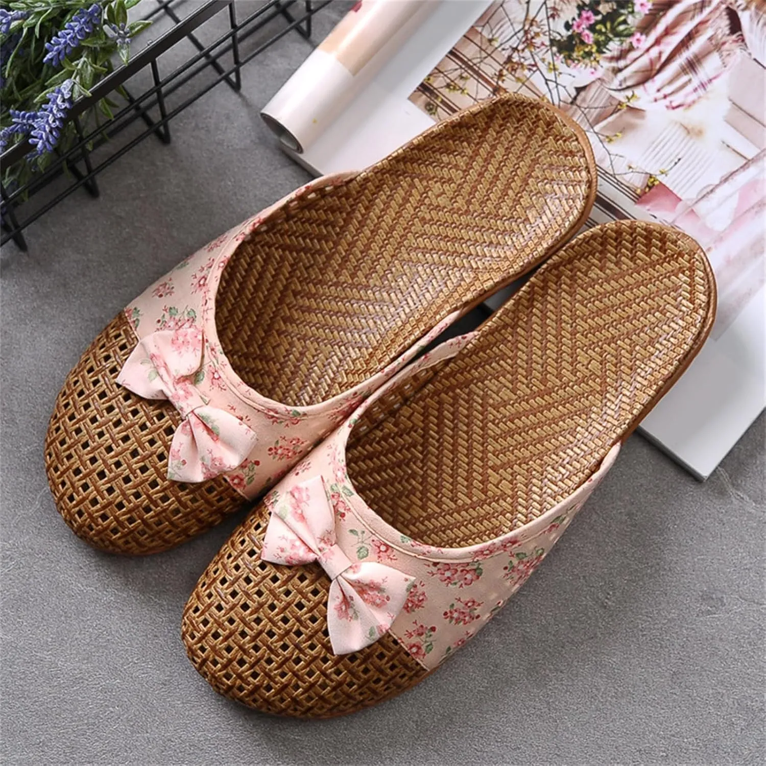 Women's Casual Sandels Linen Sandals Straw Woven Bamboo Rattan Silent Floor House Slippers Lightweight Linen Anti-Slip Summer Fashion Beach Shoes