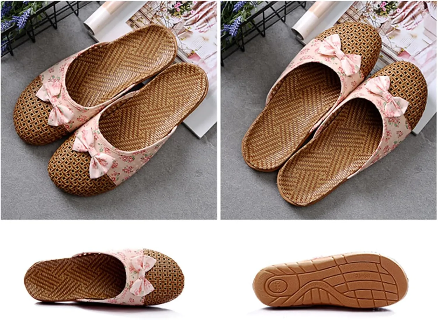 Women's Casual Sandels Linen Sandals Straw Woven Bamboo Rattan Silent Floor House Slippers Lightweight Linen Anti-Slip Summer Fashion Beach Shoes