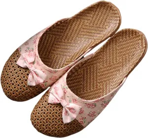 Women's Casual Sandels Linen Sandals Straw Woven Bamboo Rattan Silent Floor House Slippers Lightweight Linen Anti-Slip Summer Fashion Beach Shoes