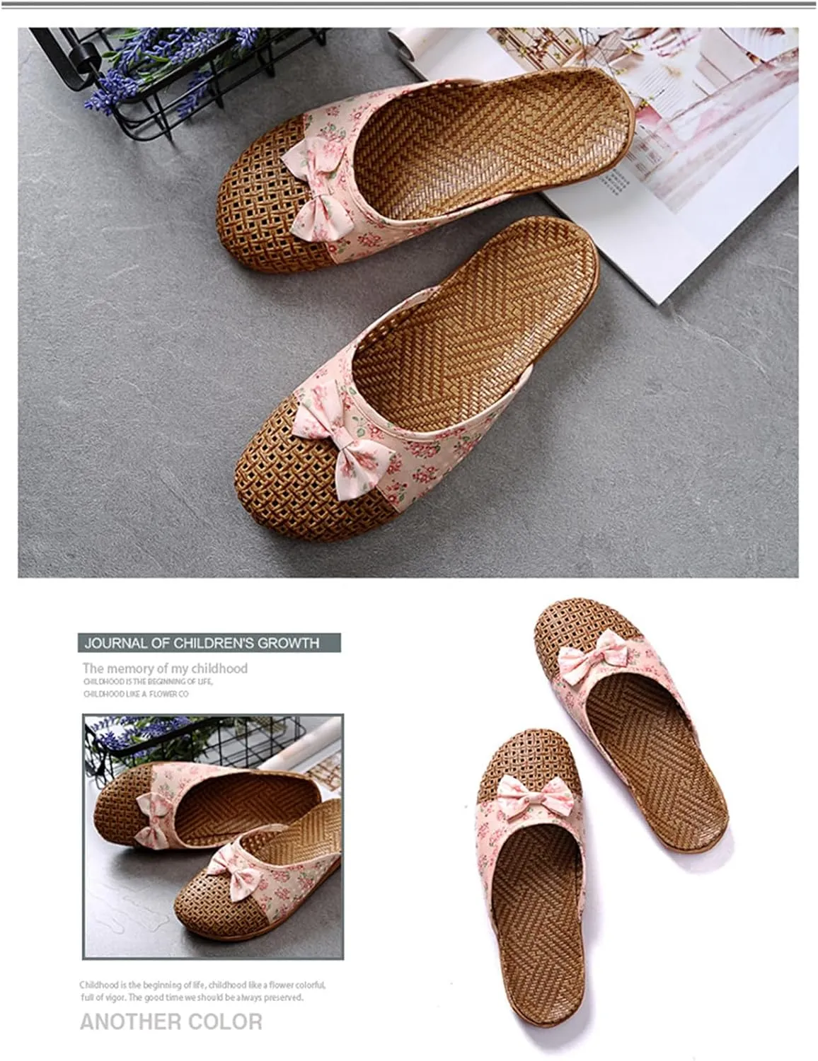 Women's Casual Sandels Linen Sandals Straw Woven Bamboo Rattan Silent Floor House Slippers Lightweight Linen Anti-Slip Summer Fashion Beach Shoes