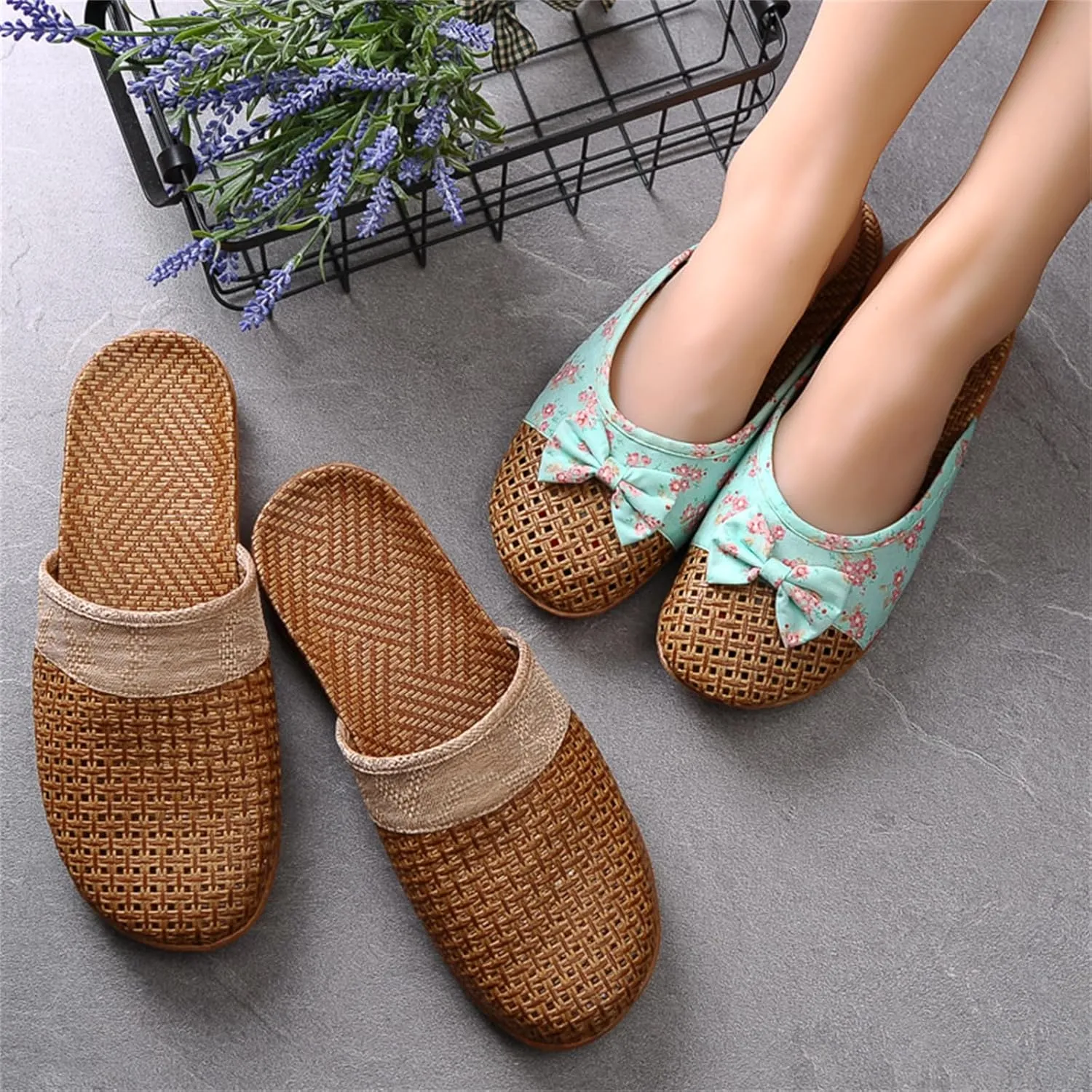 Women's Casual Sandels Linen Sandals Straw Woven Bamboo Rattan Silent Floor House Slippers Lightweight Linen Anti-Slip Summer Fashion Beach Shoes