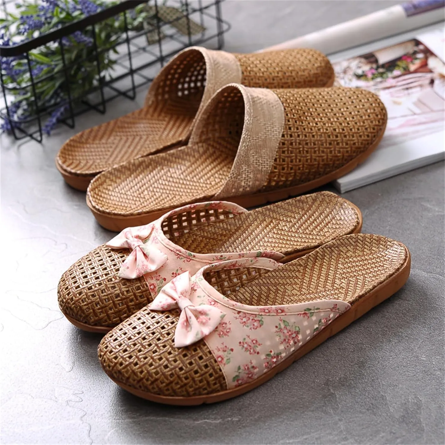 Women's Casual Sandels Linen Sandals Straw Woven Bamboo Rattan Silent Floor House Slippers Lightweight Linen Anti-Slip Summer Fashion Beach Shoes