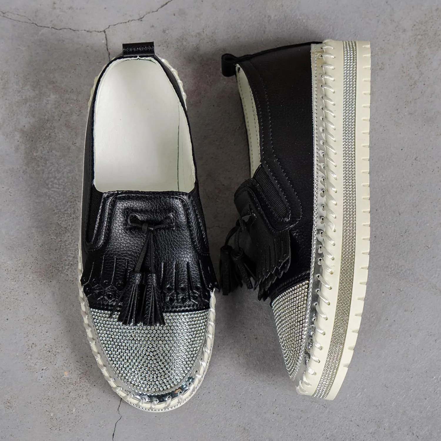 Women's Fashion Leather Loafers Sparkly Rhinestone Tassel Decoration Thick Sole Shoes Orthopedic Slip-On Loafers