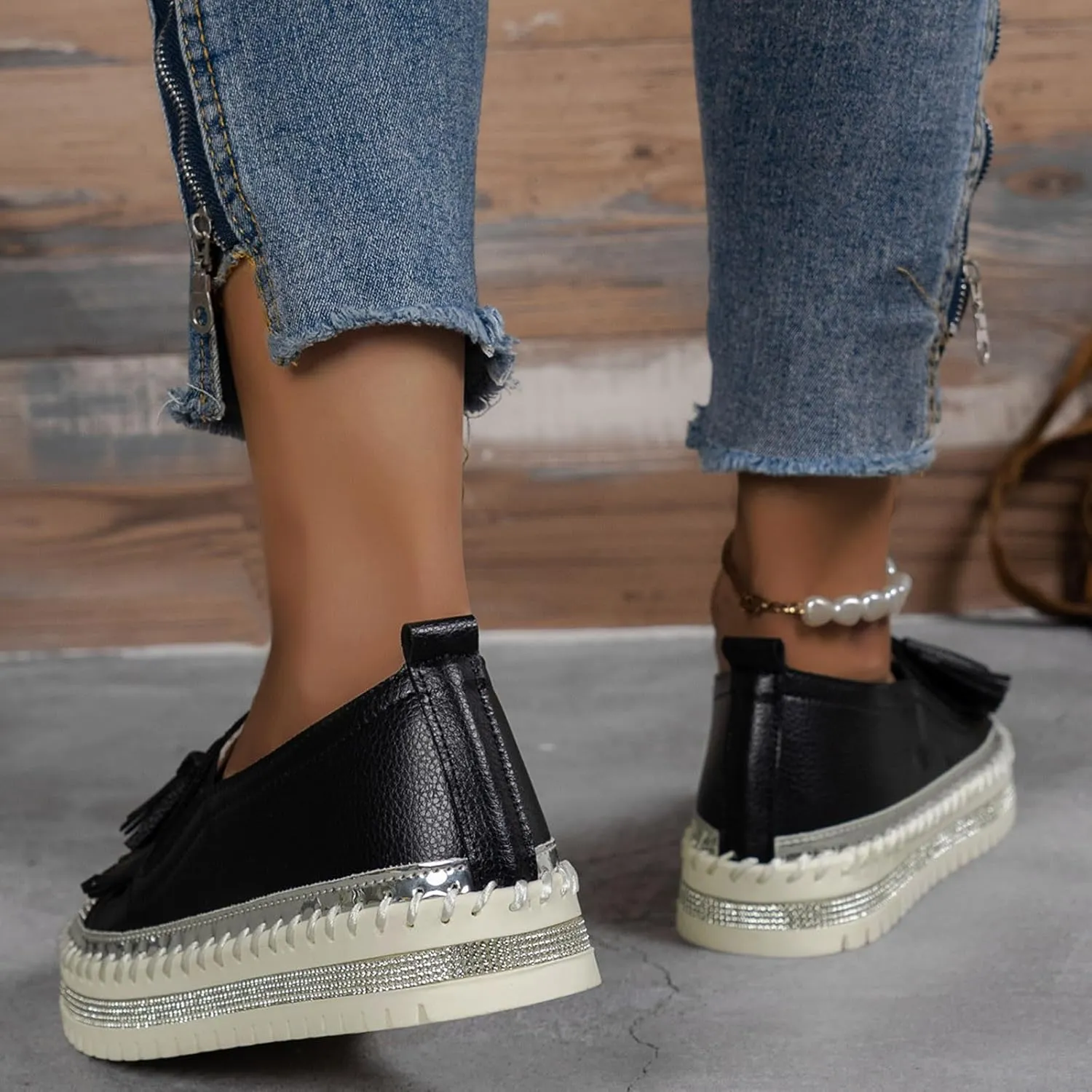 Women's Fashion Leather Loafers Sparkly Rhinestone Tassel Decoration Thick Sole Shoes Orthopedic Slip-On Loafers