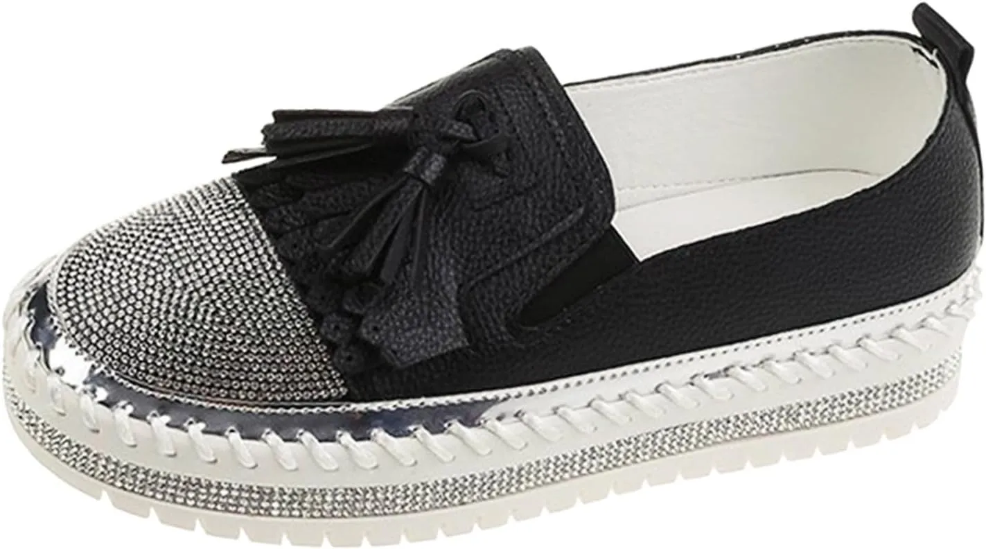 Women's Fashion Leather Loafers Sparkly Rhinestone Tassel Decoration Thick Sole Shoes Orthopedic Slip-On Loafers