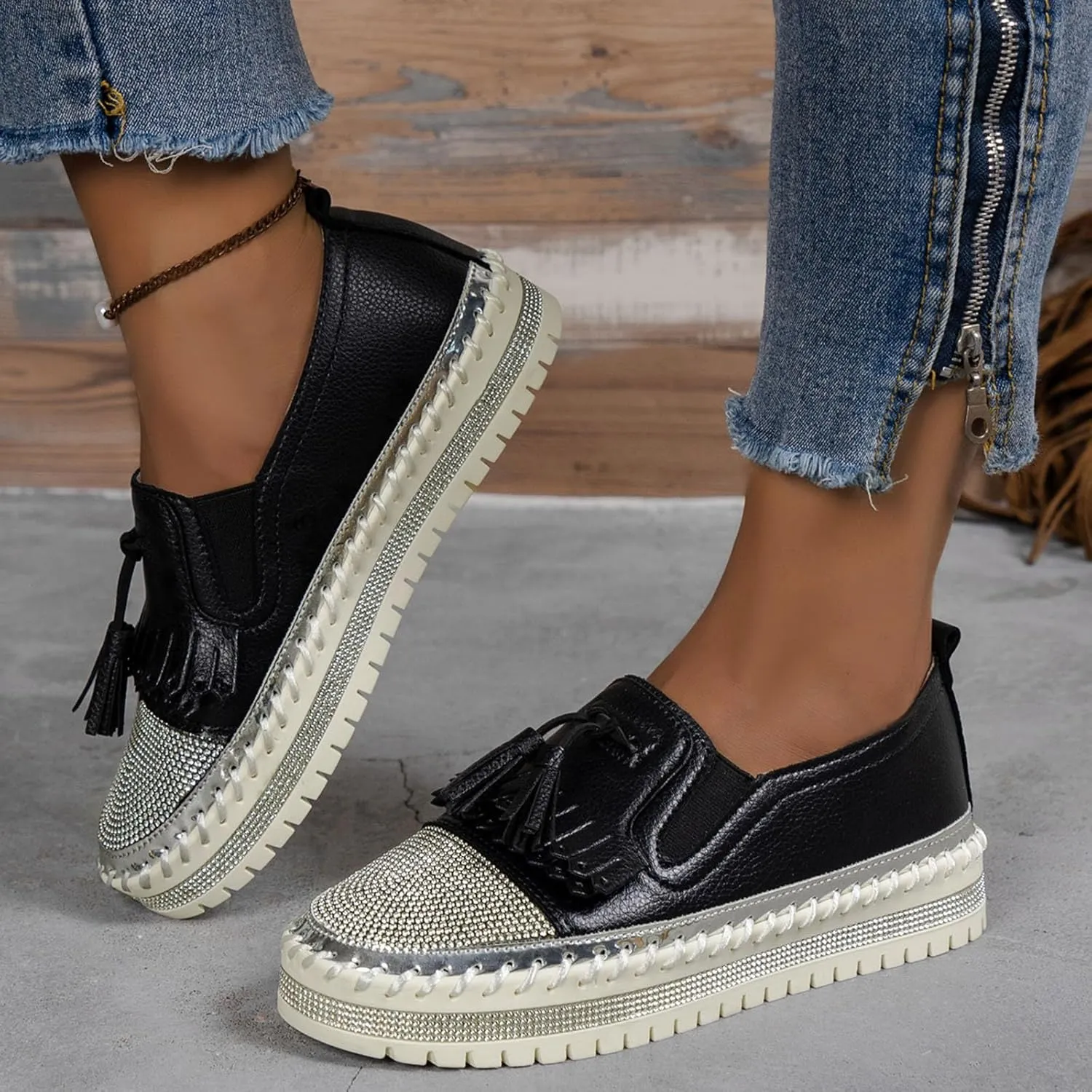Women's Fashion Leather Loafers Sparkly Rhinestone Tassel Decoration Thick Sole Shoes Orthopedic Slip-On Loafers