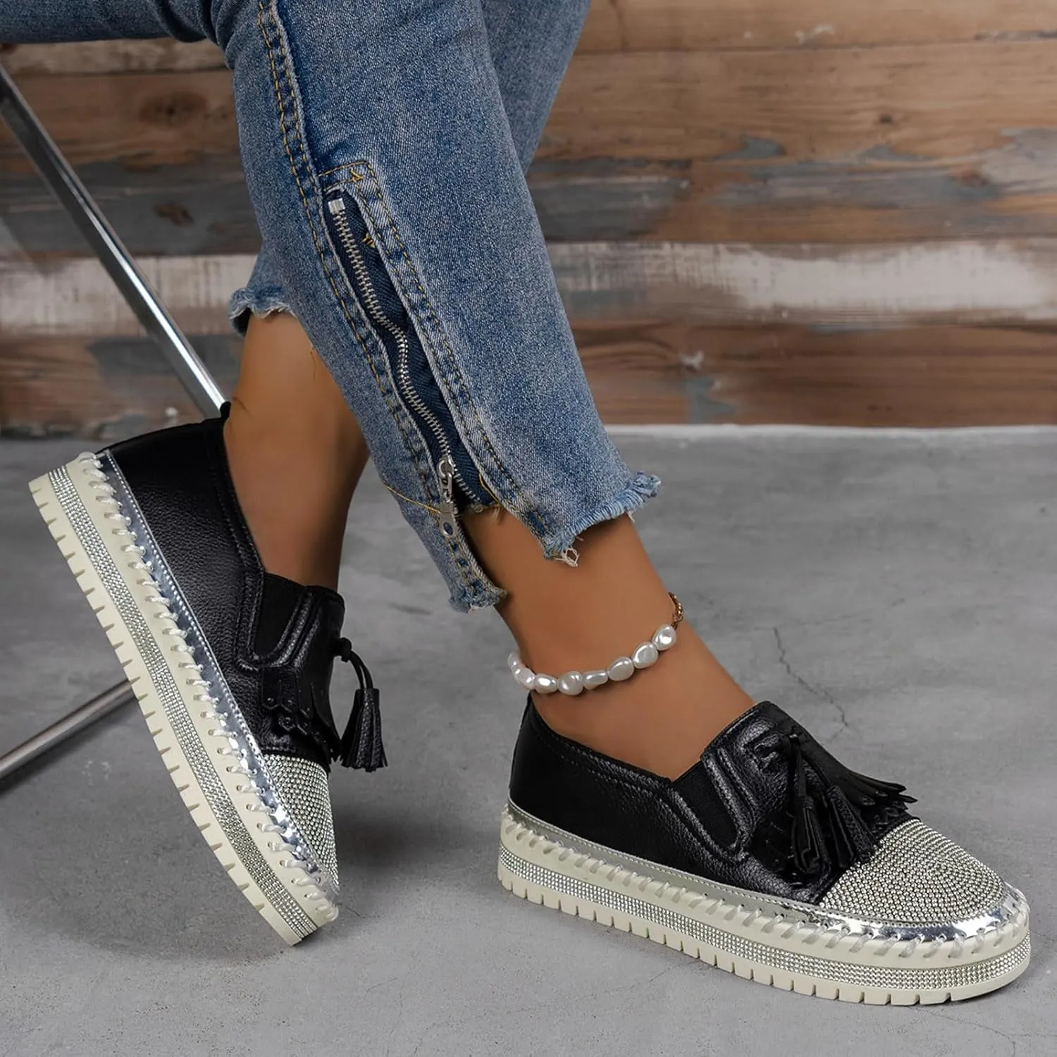 Women's Fashion Leather Loafers Sparkly Rhinestone Tassel Decoration Thick Sole Shoes Orthopedic Slip-On Loafers