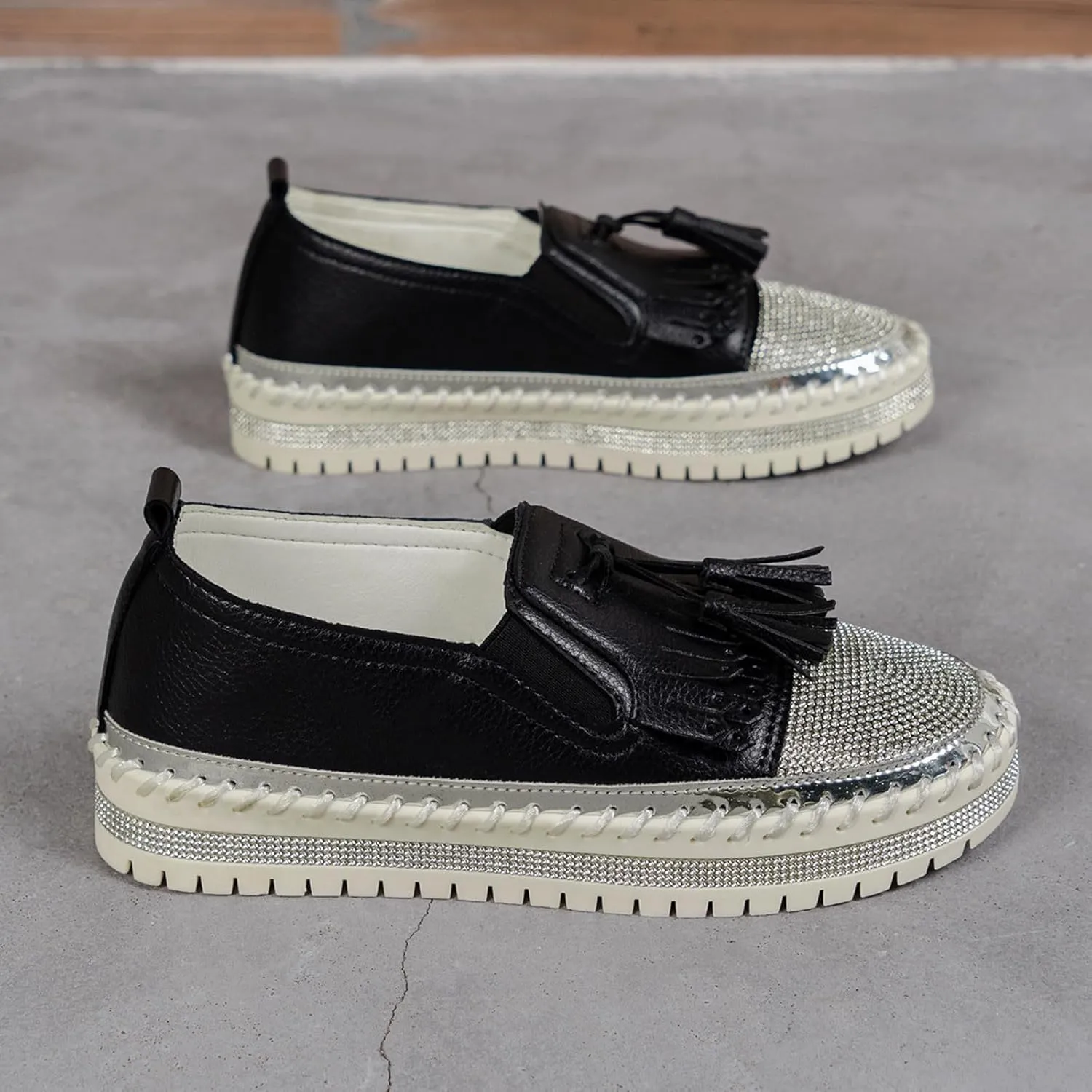 Women's Fashion Leather Loafers Sparkly Rhinestone Tassel Decoration Thick Sole Shoes Orthopedic Slip-On Loafers
