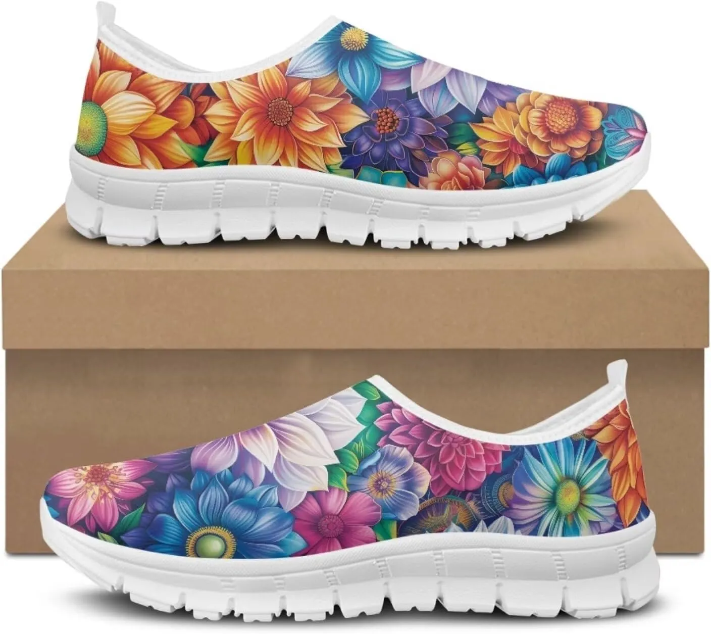 Women's Fashion Sneakers Lightweight Walking Casual Slip Ons Comfortable Flower Print Athletic Travel Shoes