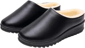 Women's Faux Leather Fur Lined Slippers Fashion Indoor/Outdoor Non-Slip Clog Slipper Cozy Fleece Warm Slide On Shoes