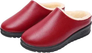 Women's Faux Leather Fur Lined Slippers Fashion Indoor/Outdoor Non-Slip Clog Slipper Cozy Fleece Warm Slide On Shoes