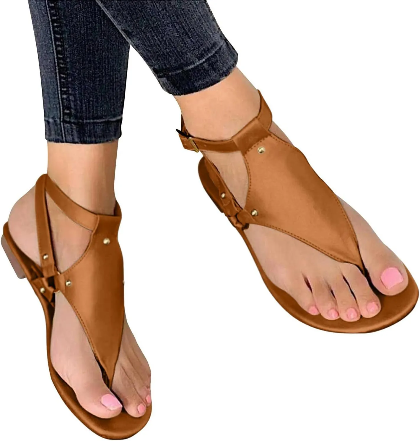 Womens Flat Sandals Comfortable Clip Toe Flip Flops Soft Cushion Summer T-Strap Thong Sandals with Ankle Strap Metal Buckle Ladies Fashion Shoes for Walking Beach