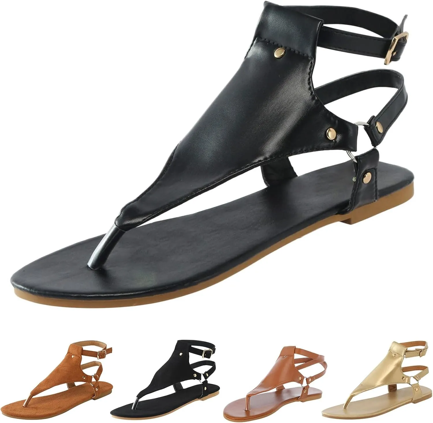 Womens Flat Sandals Comfortable Clip Toe Flip Flops Soft Cushion Summer T-Strap Thong Sandals with Ankle Strap Metal Buckle Ladies Fashion Shoes for Walking Beach