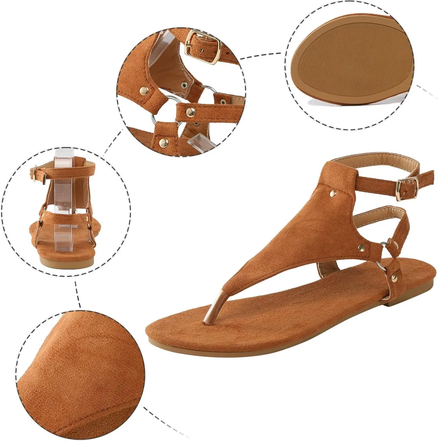 Womens Flat Sandals Comfortable Clip Toe Flip Flops Soft Cushion Summer T-Strap Thong Sandals with Ankle Strap Metal Buckle Ladies Fashion Shoes for Walking Beach