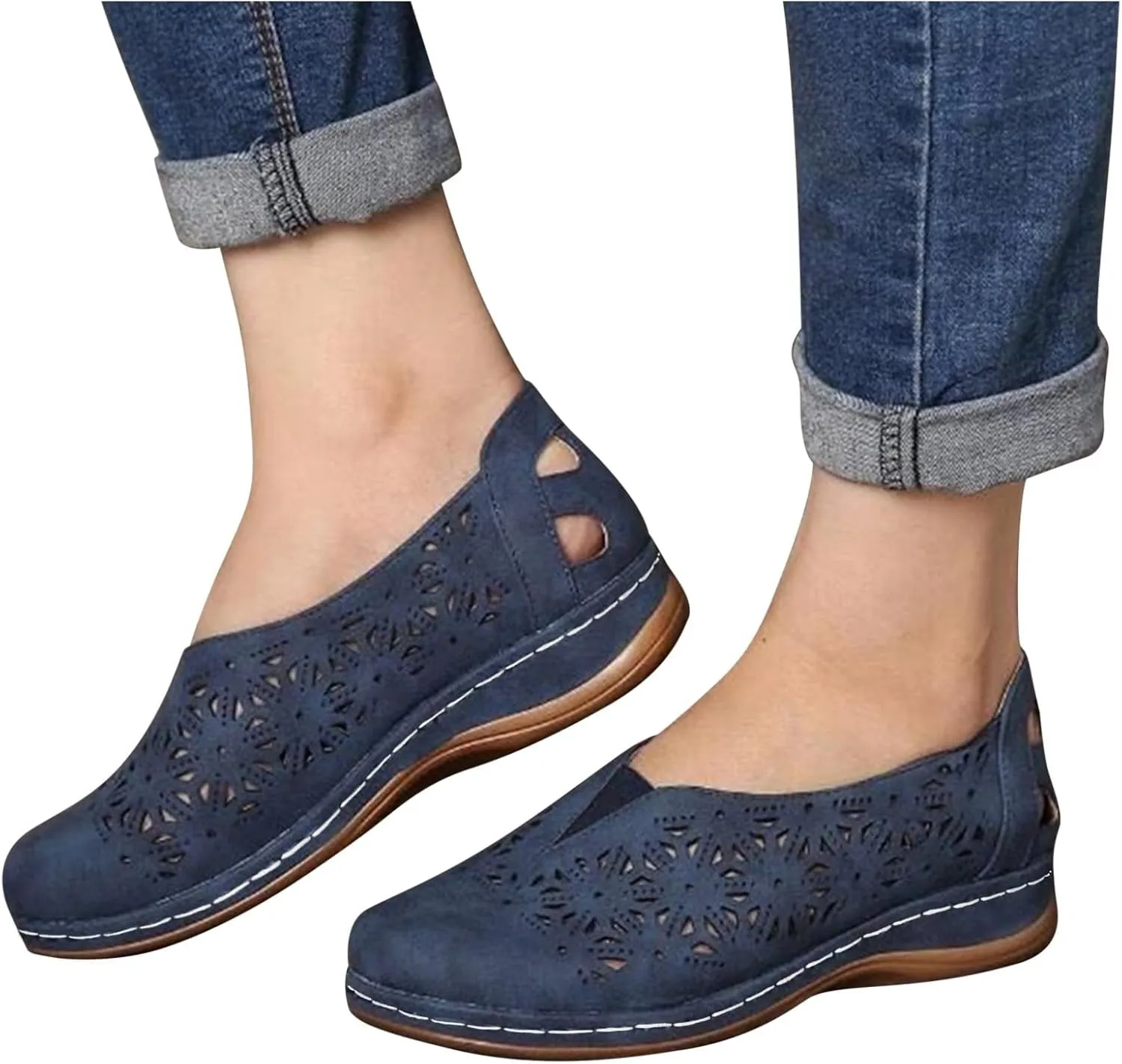 Womens Flat Sandals Slip on Platform Wedge Sandals Hollow Out Breathable Loafers, Wide Closed Toe Flat Wedges Non-Slip Orthopedic Shoes Beach Outdoor Walking Slippers