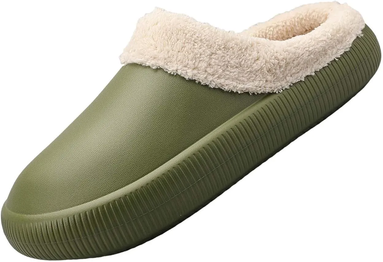 Womens Fuzzy Fleece Fur Lined Slippers Indoor Outdoor Waterproof Slip On House Shoes Winter Warm Plush Garden Shoes