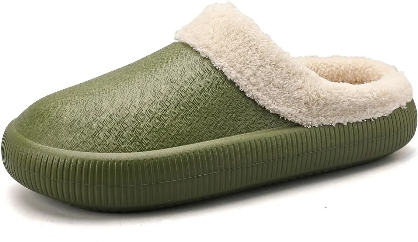 Womens Fuzzy Fleece Fur Lined Slippers Indoor Outdoor Waterproof Slip On House Shoes Winter Warm Plush Garden Shoes