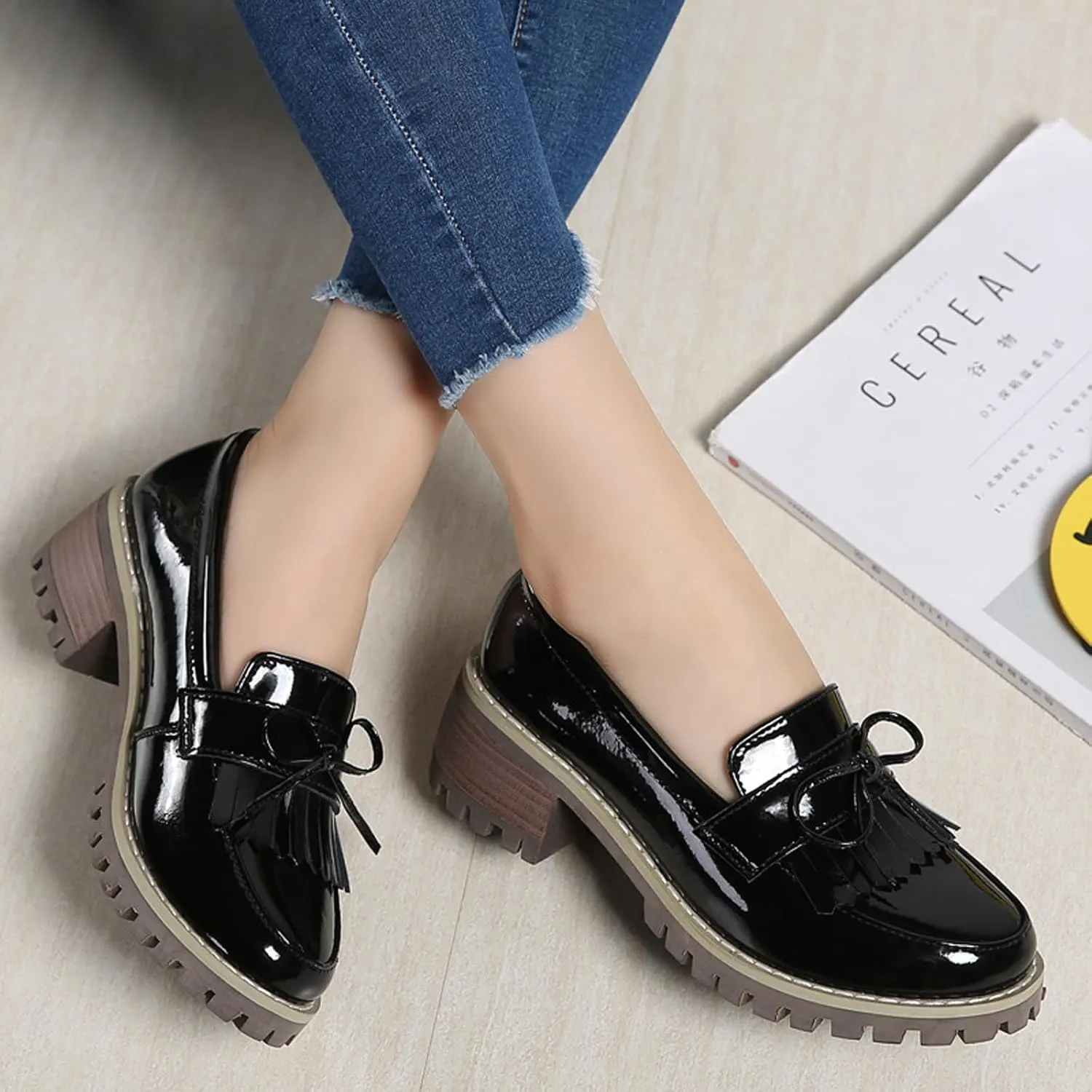 Women's Girls' Slip ons Tassel Fringes Block Heel Dress Work Oxford Loafers Flats Shoes
