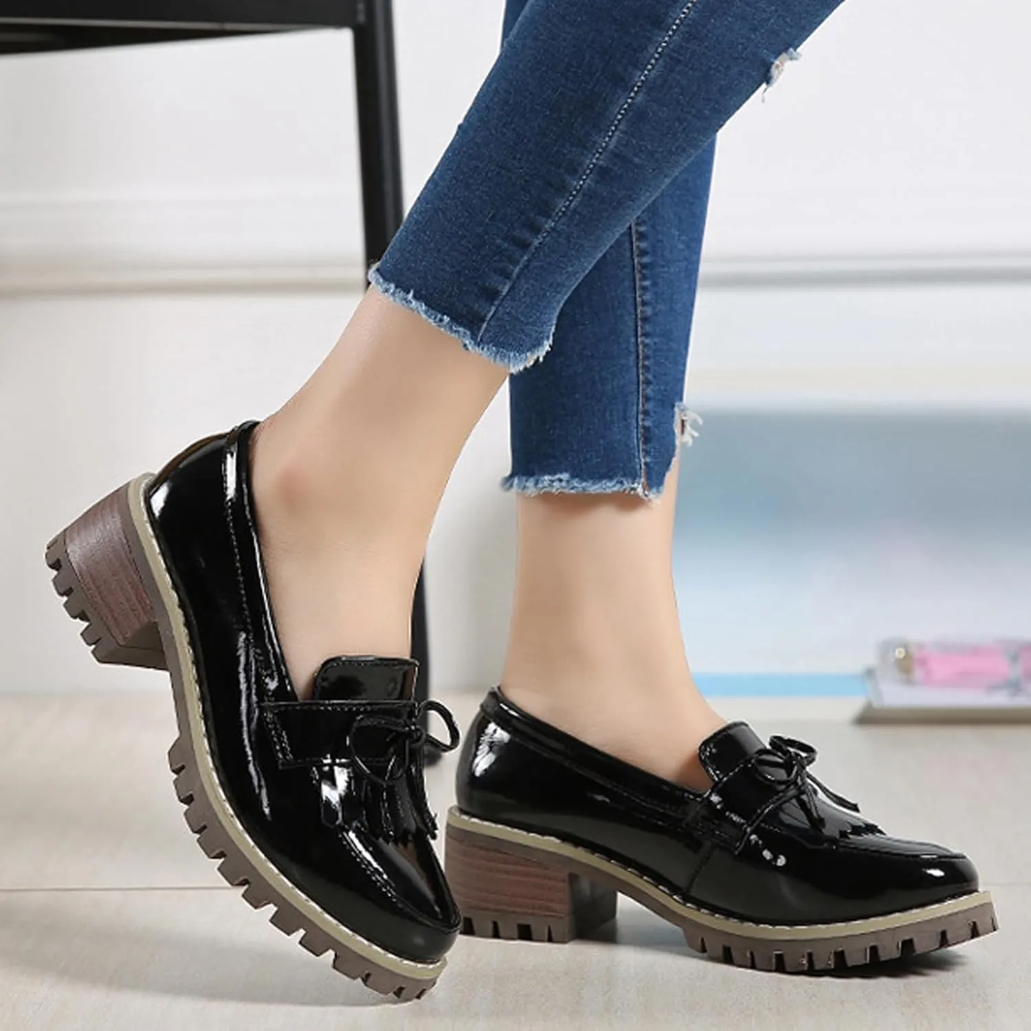 Women's Girls' Slip ons Tassel Fringes Block Heel Dress Work Oxford Loafers Flats Shoes
