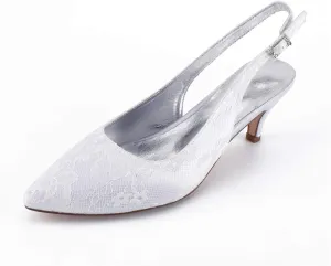 Women's Slingback High Heels Pointed Toe Kitten Heel Ankle Strap Lace Satin Wedding Dress Shoes