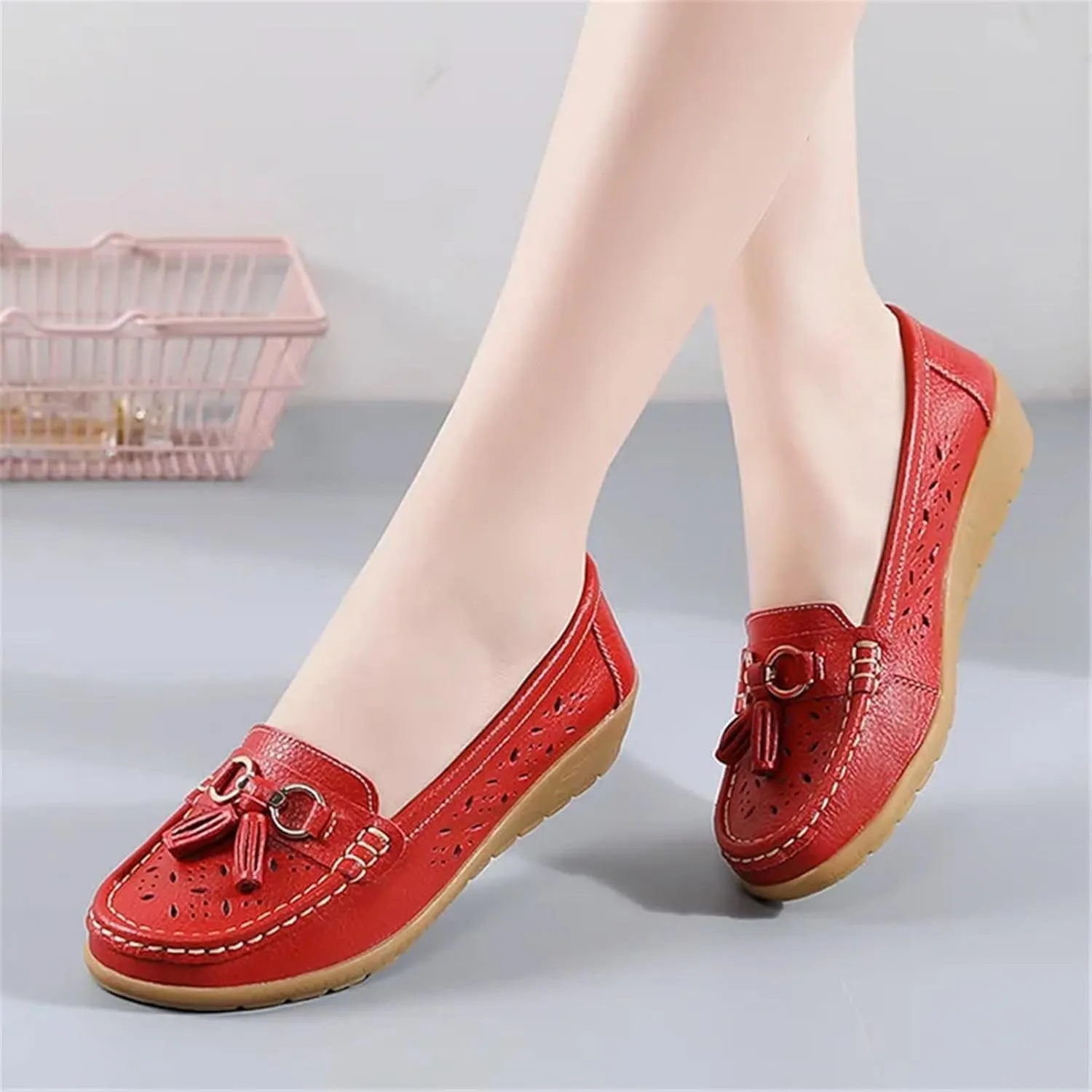 Women's Slip-On Non-Slip Breathable Hollow Leather Wedge Moccasins, Casual Platform Soft Bottom Nursing Sneakers, for Hospital Nurse Doctors Work,Teacher