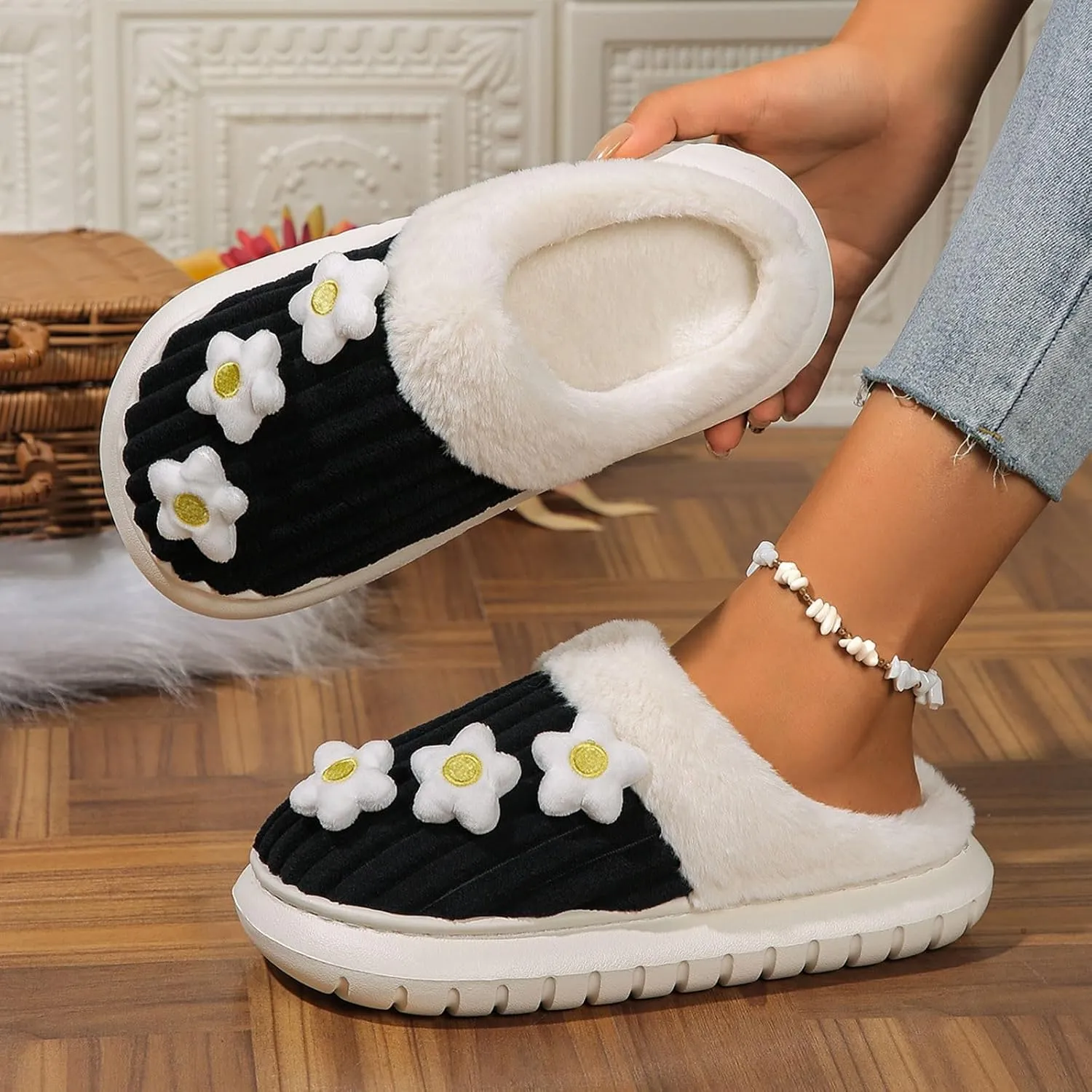 Womens Stripe Slippers Slip on Fuzzy Bridal Slippers Outdoor Indoor House Slippers Warm Plush Bedroom Shoes