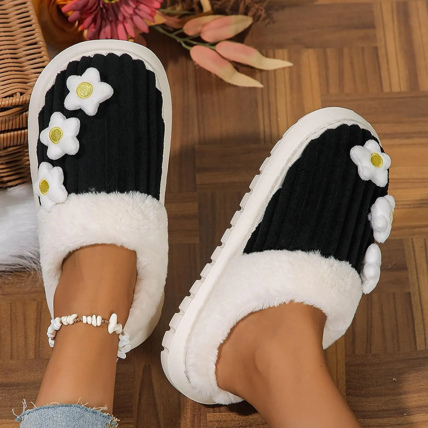 Womens Stripe Slippers Slip on Fuzzy Bridal Slippers Outdoor Indoor House Slippers Warm Plush Bedroom Shoes