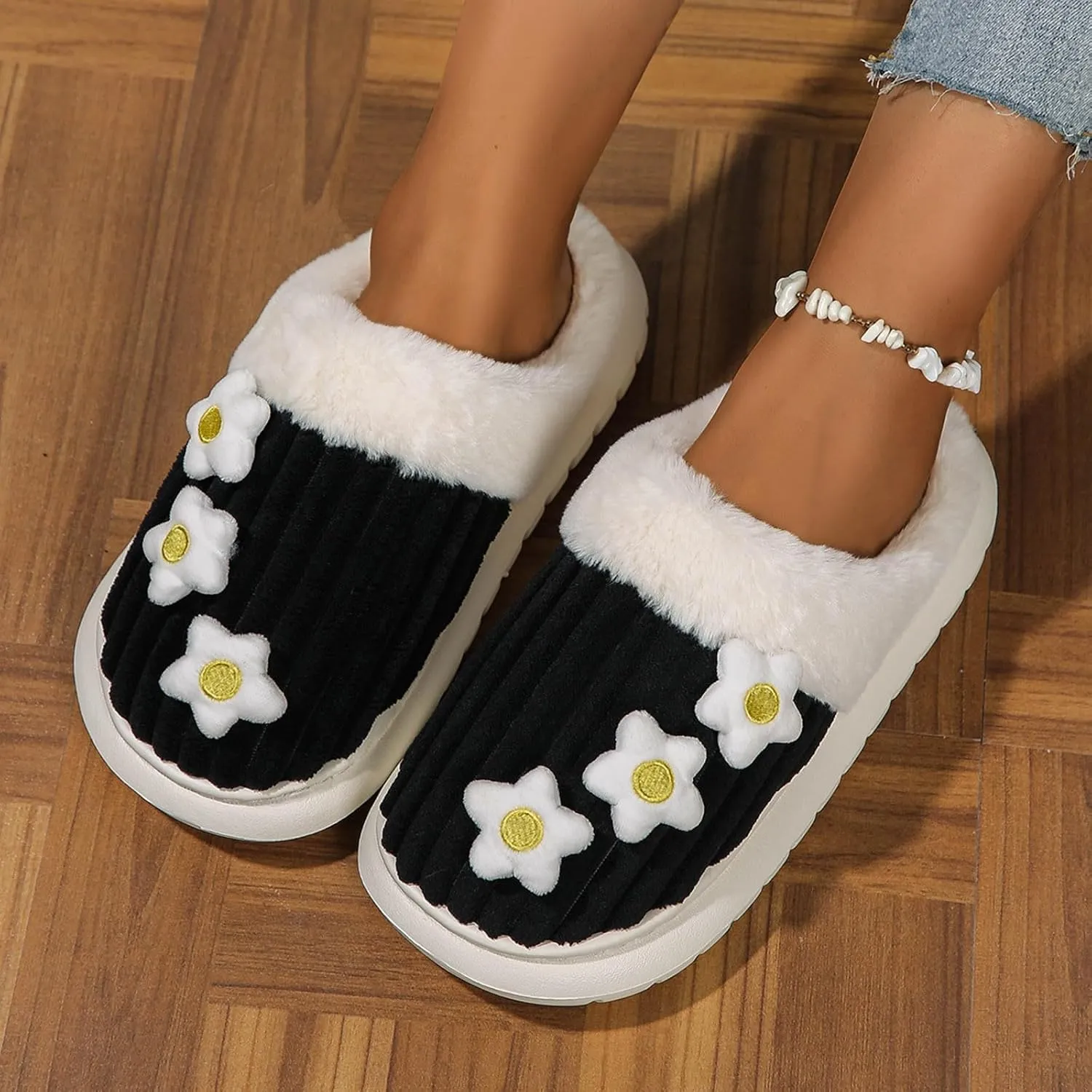 Womens Stripe Slippers Slip on Fuzzy Bridal Slippers Outdoor Indoor House Slippers Warm Plush Bedroom Shoes