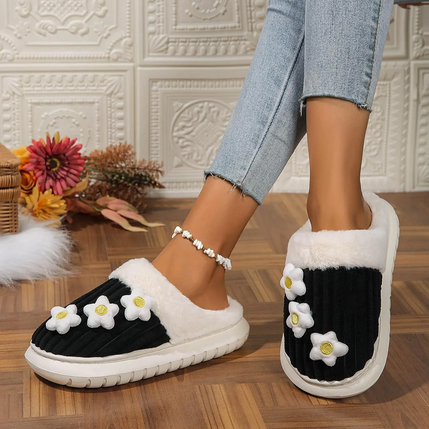 Womens Stripe Slippers Slip on Fuzzy Bridal Slippers Outdoor Indoor House Slippers Warm Plush Bedroom Shoes