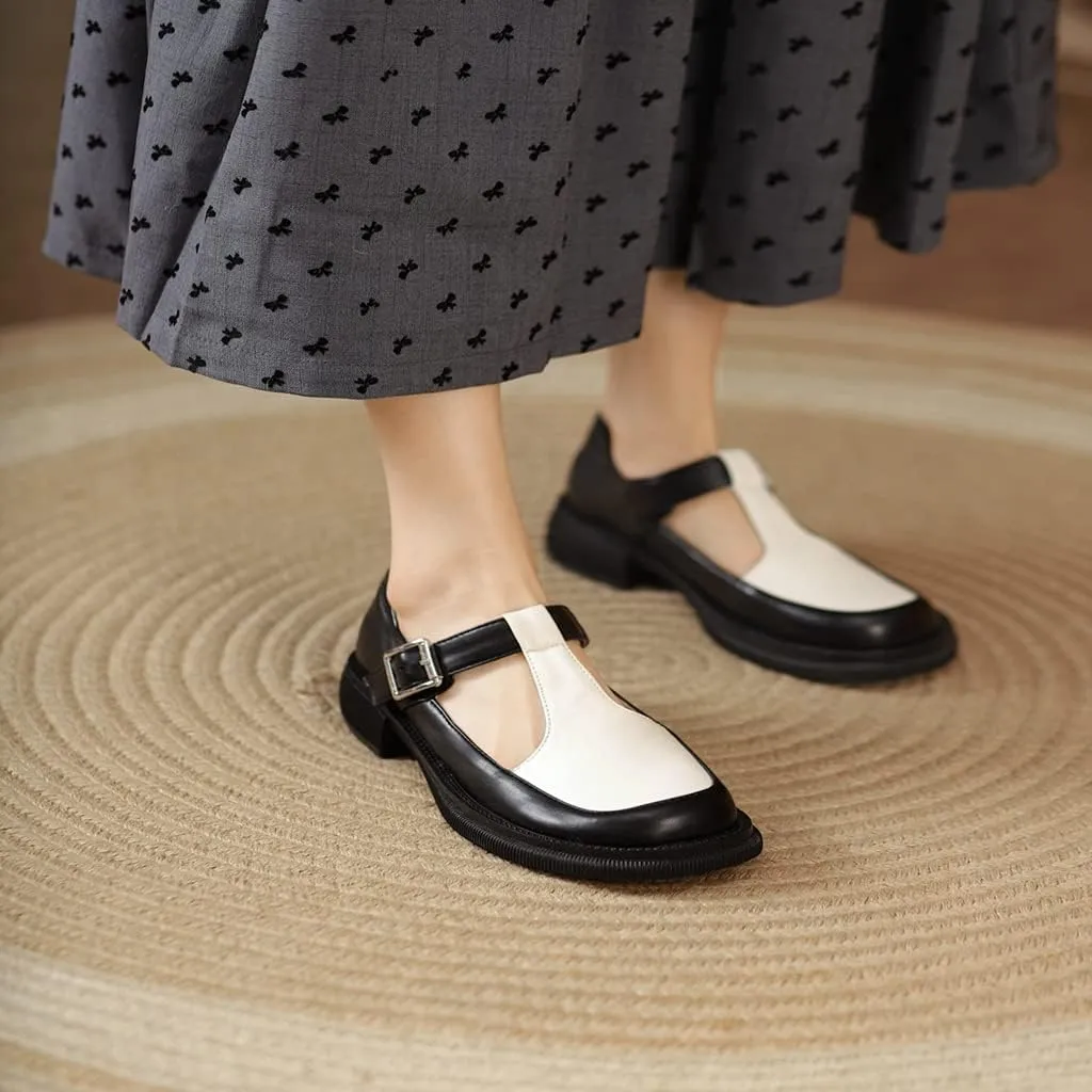 Women's Two Tone Mary Jane Flats Vintage T-Strap Round Toe Leather Low Heel Girls Dress Oxford Shoes