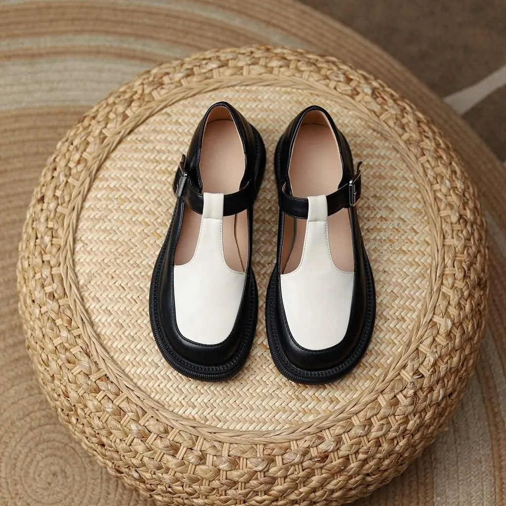 Women's Two Tone Mary Jane Flats Vintage T-Strap Round Toe Leather Low Heel Girls Dress Oxford Shoes