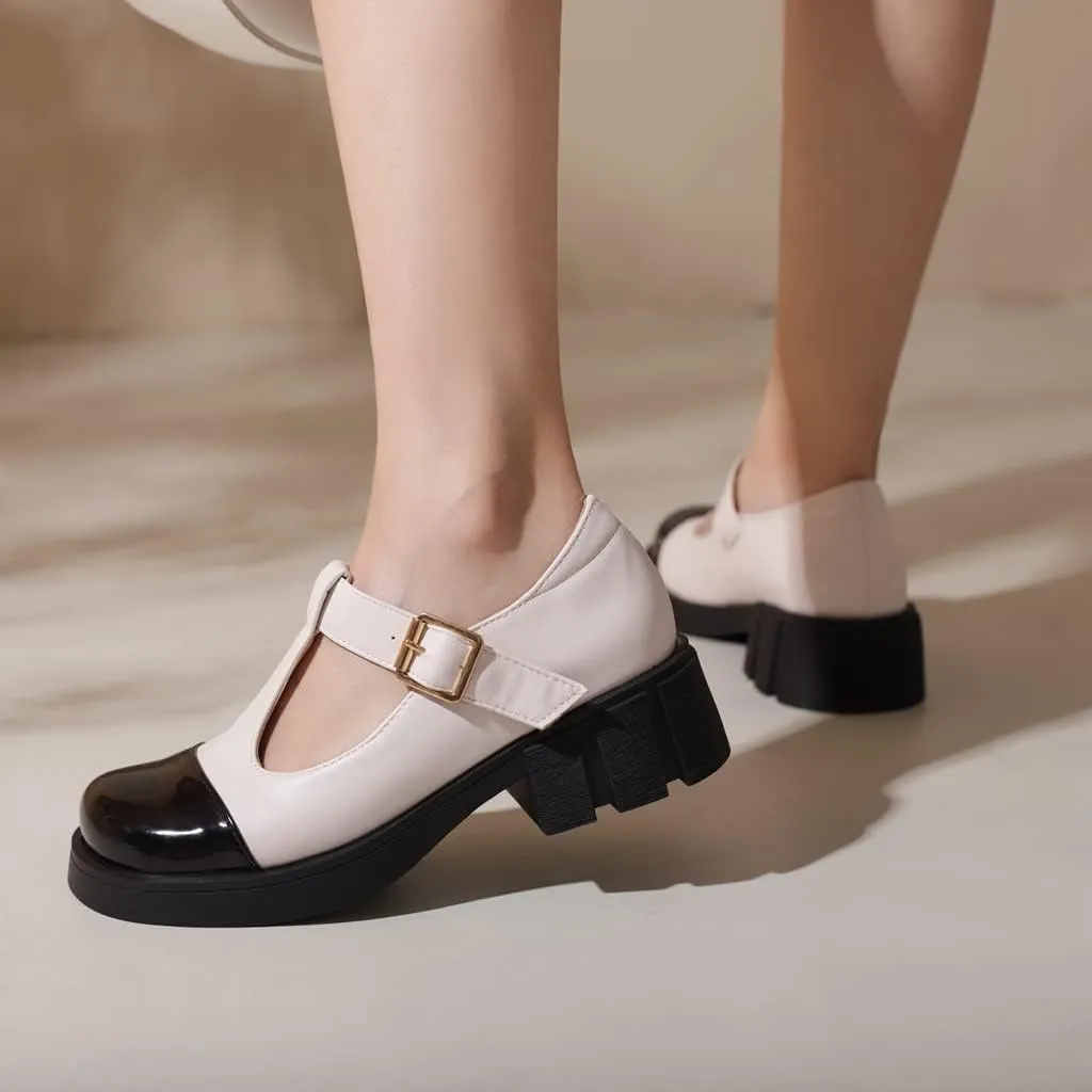 Women's Two Tone T-Strap Mary Jane Flats Loafers Vintage Round Toe Low Heel Girls Dress Oxford Shoes