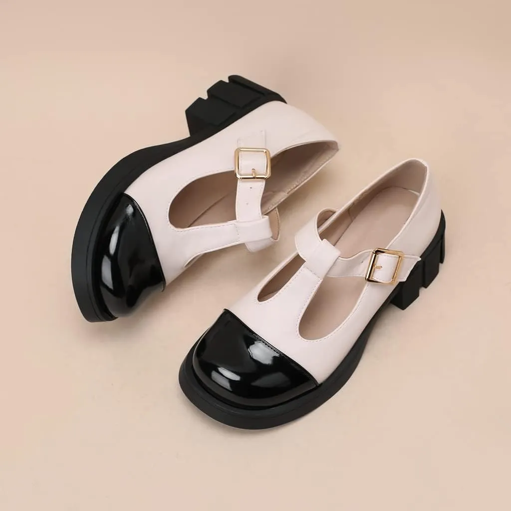 Women's Two Tone T-Strap Mary Jane Flats Loafers Vintage Round Toe Low Heel Girls Dress Oxford Shoes