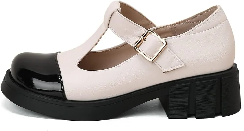 Women's Two Tone T-Strap Mary Jane Flats Loafers Vintage Round Toe Low Heel Girls Dress Oxford Shoes