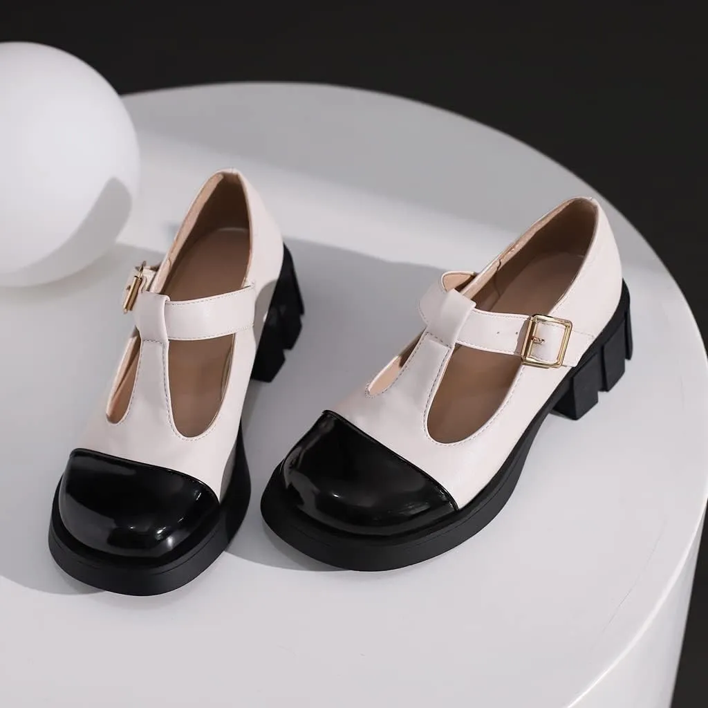 Women's Two Tone T-Strap Mary Jane Flats Loafers Vintage Round Toe Low Heel Girls Dress Oxford Shoes