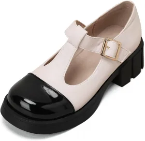 Women's Two Tone T-Strap Mary Jane Flats Loafers Vintage Round Toe Low Heel Girls Dress Oxford Shoes